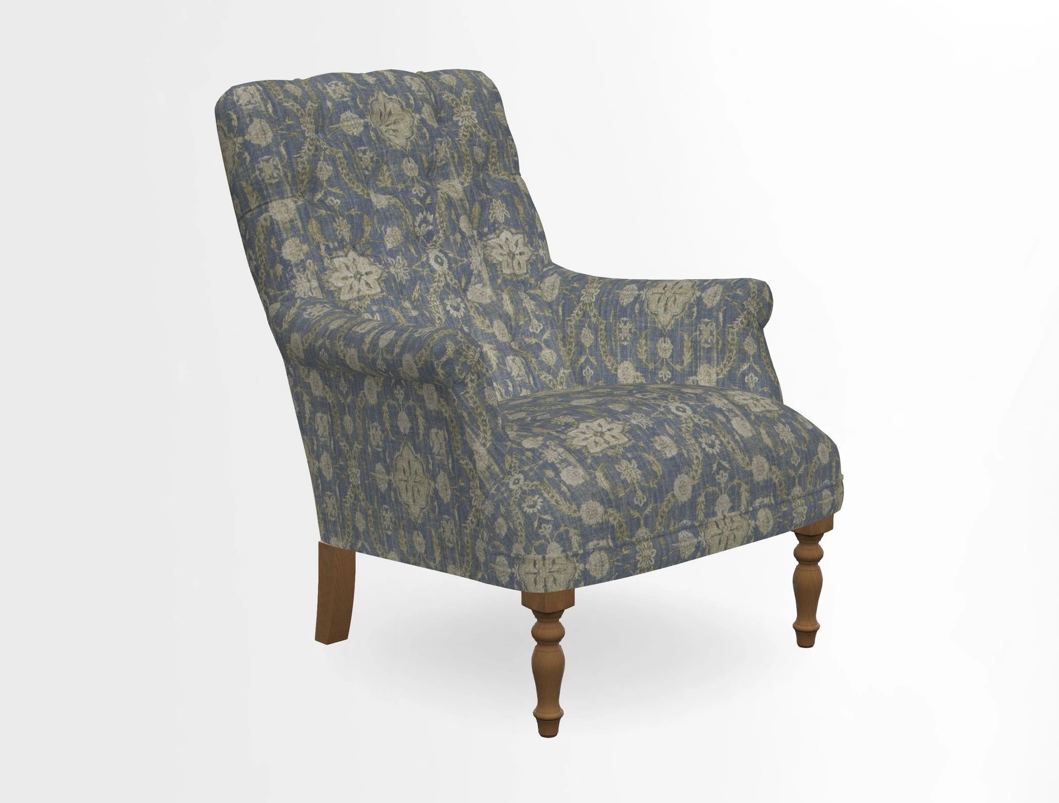 Snape Button Back chair in Spill Resistant V&A Bird & Rabbit Dark Green and Cube footstool in Spill Resistant RHS Etta's Stripe Ink
