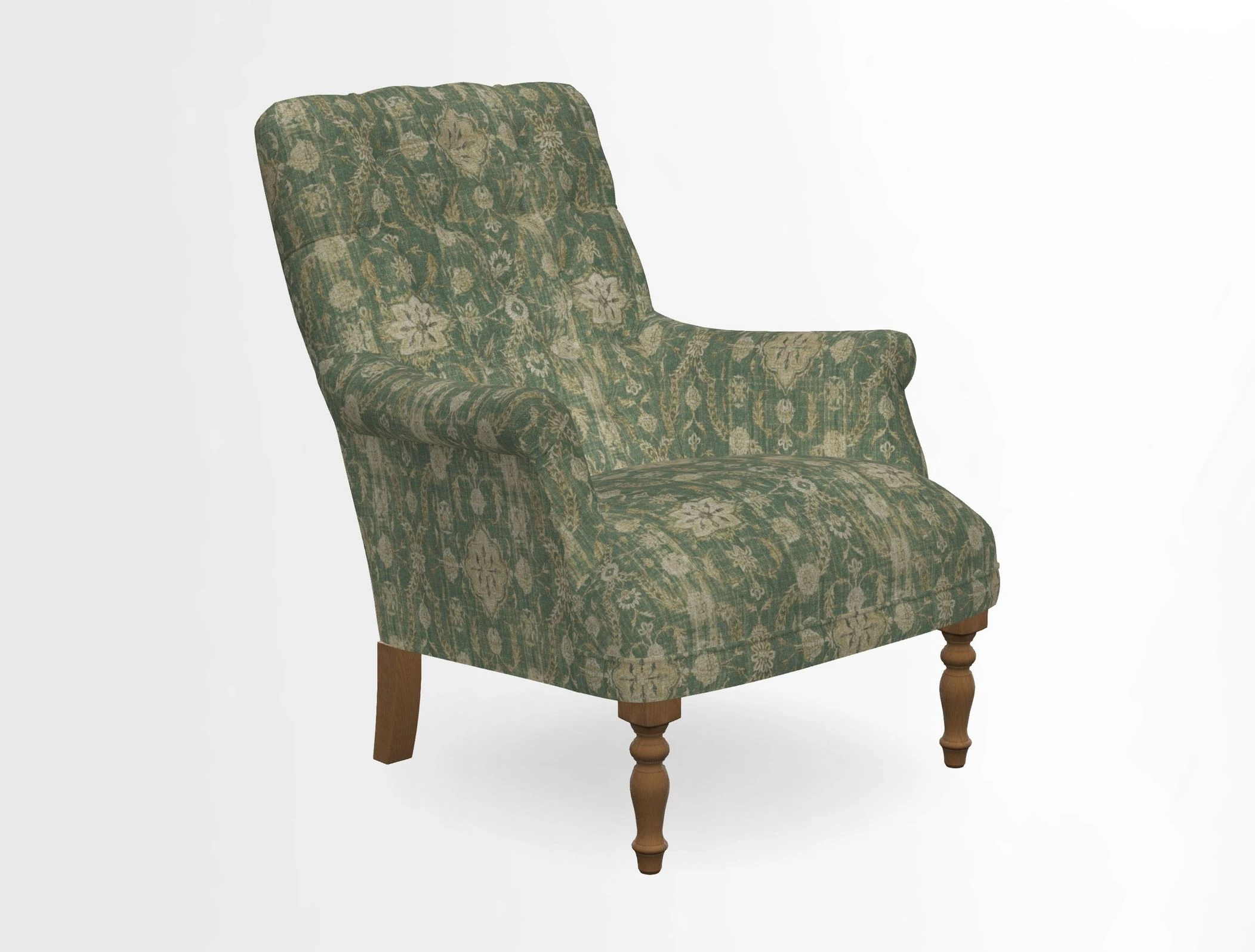 Snape Button Back chair in Spill Resistant V&A Bird & Rabbit Dark Green and Cube footstool in Spill Resistant RHS Etta's Stripe Ink