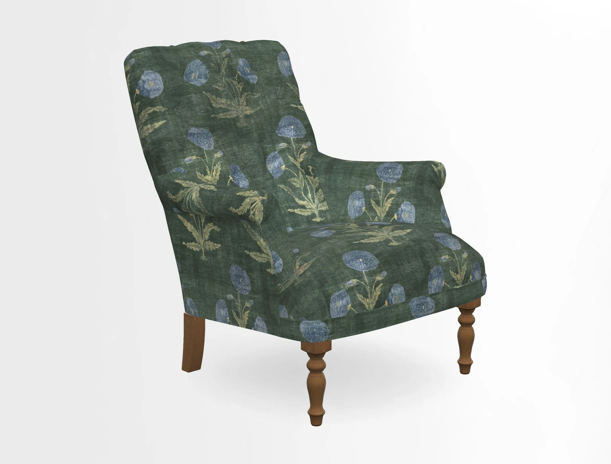 Snape Button Back chair in Spill Resistant V&A Bird & Rabbit Dark Green and Cube footstool in Spill Resistant RHS Etta's Stripe Ink