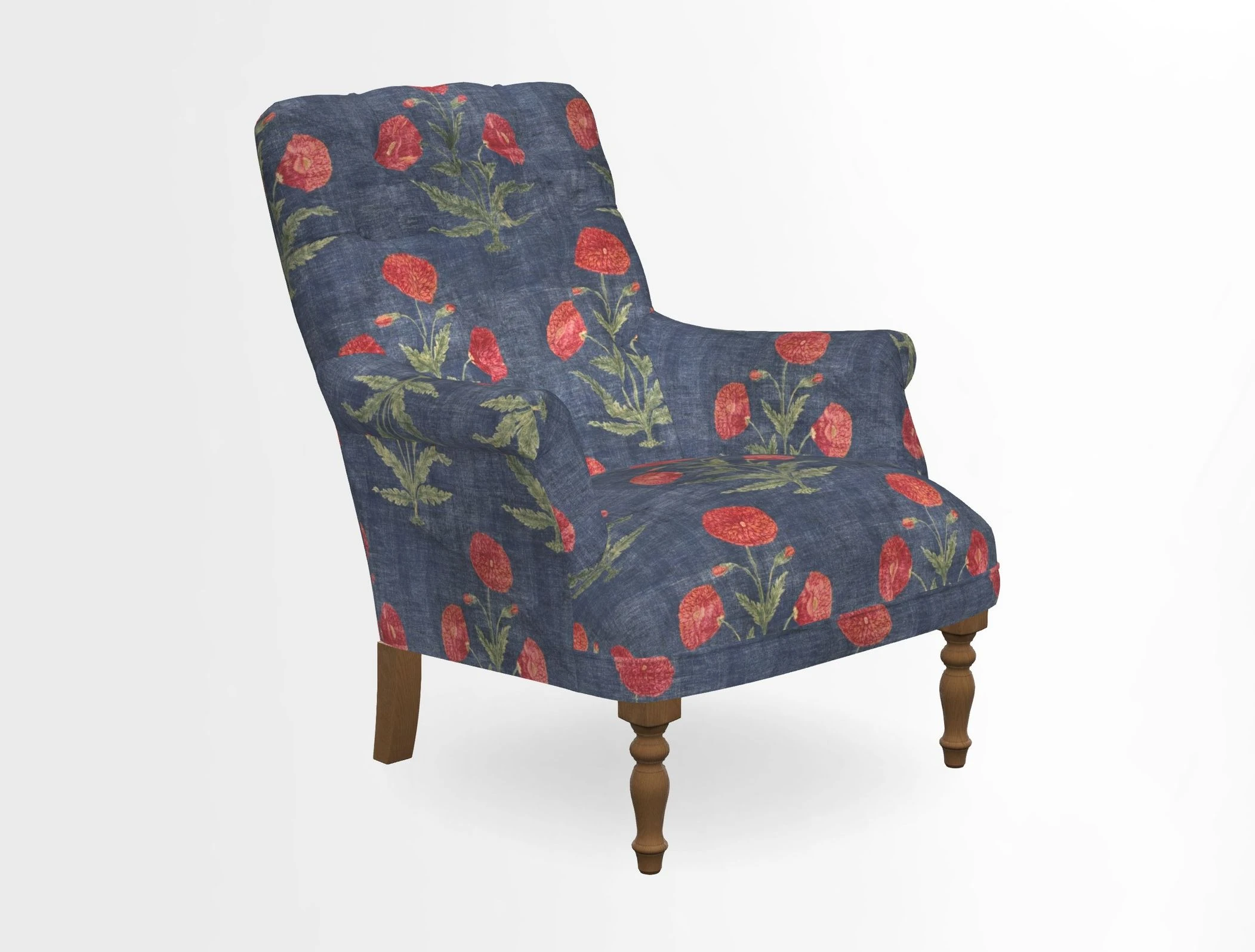 Snape Button Back chair in Spill Resistant V&A Bird & Rabbit Dark Green and Cube footstool in Spill Resistant RHS Etta's Stripe Ink