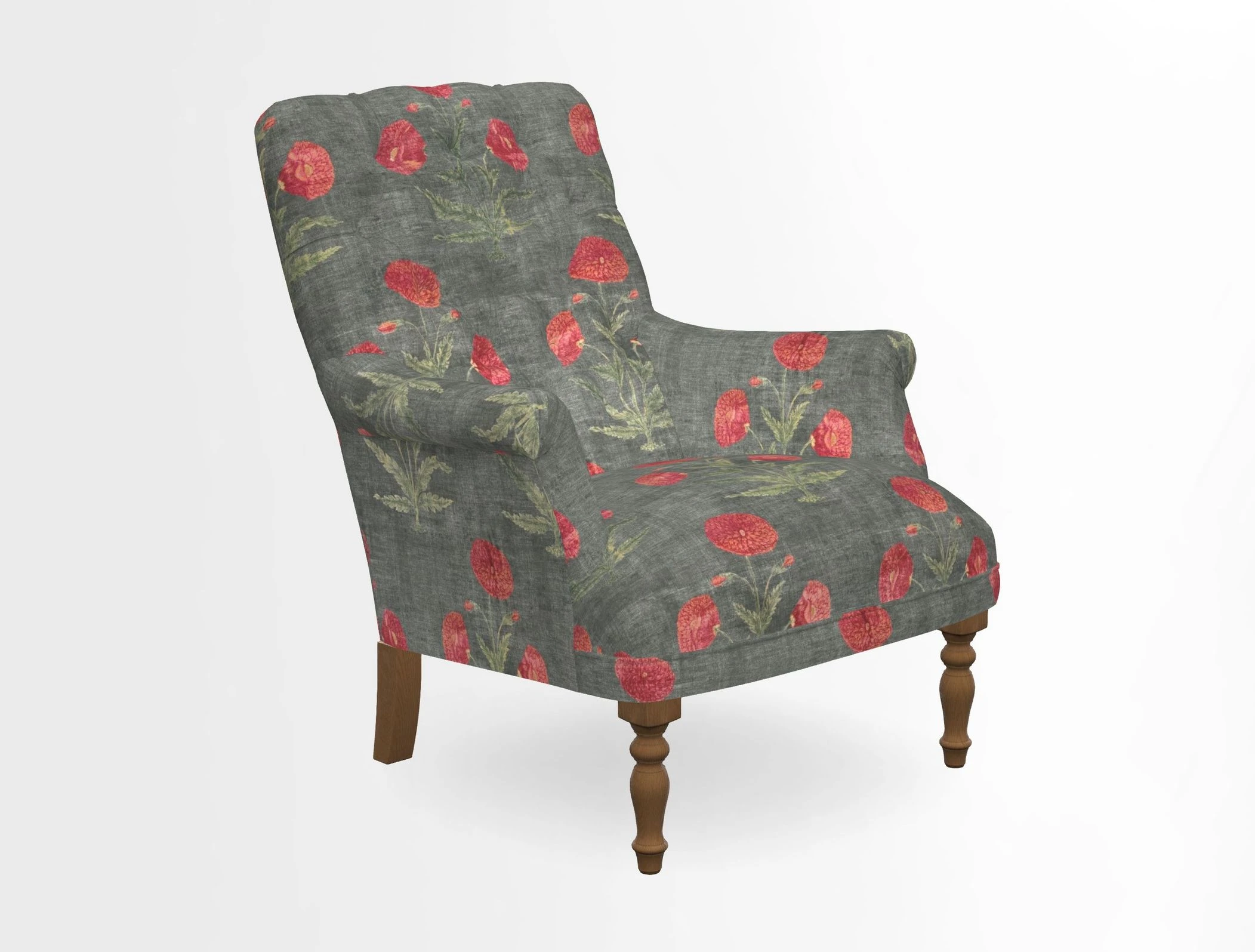Snape Button Back chair in Spill Resistant V&A Bird & Rabbit Dark Green and Cube footstool in Spill Resistant RHS Etta's Stripe Ink