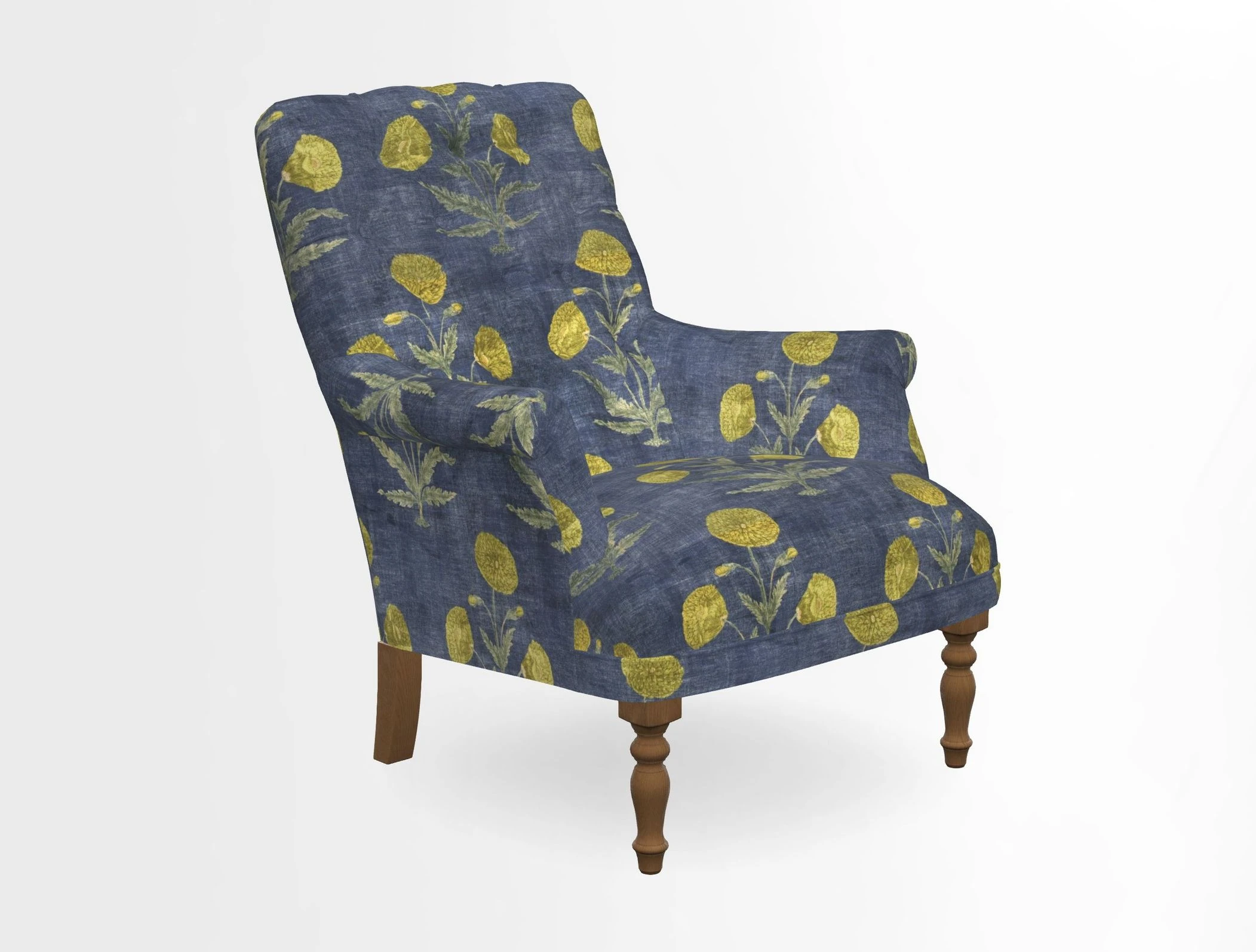 Snape Button Back chair in Spill Resistant V&A Bird & Rabbit Dark Green and Cube footstool in Spill Resistant RHS Etta's Stripe Ink