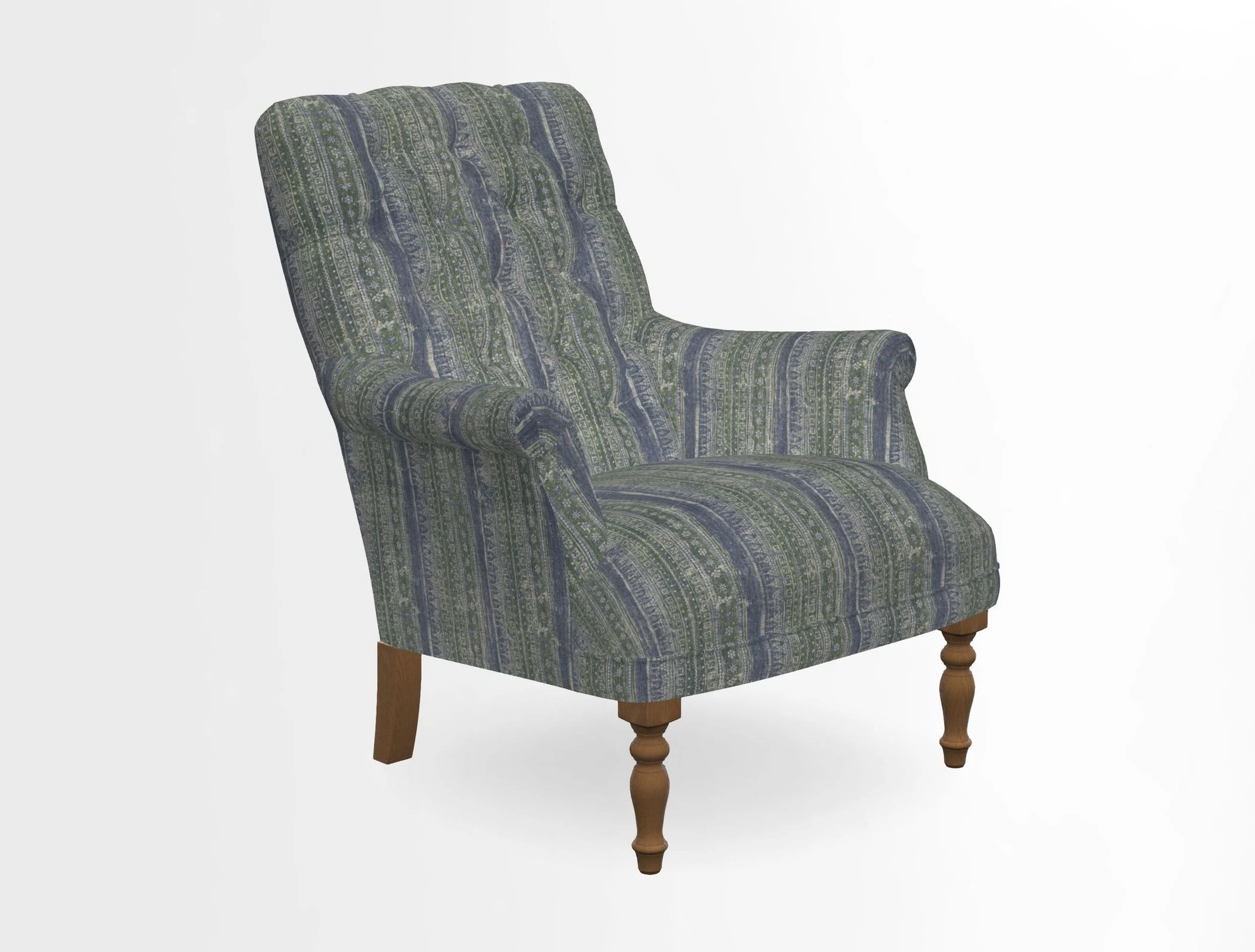 Snape Button Back chair in Spill Resistant V&A Bird & Rabbit Dark Green and Cube footstool in Spill Resistant RHS Etta's Stripe Ink