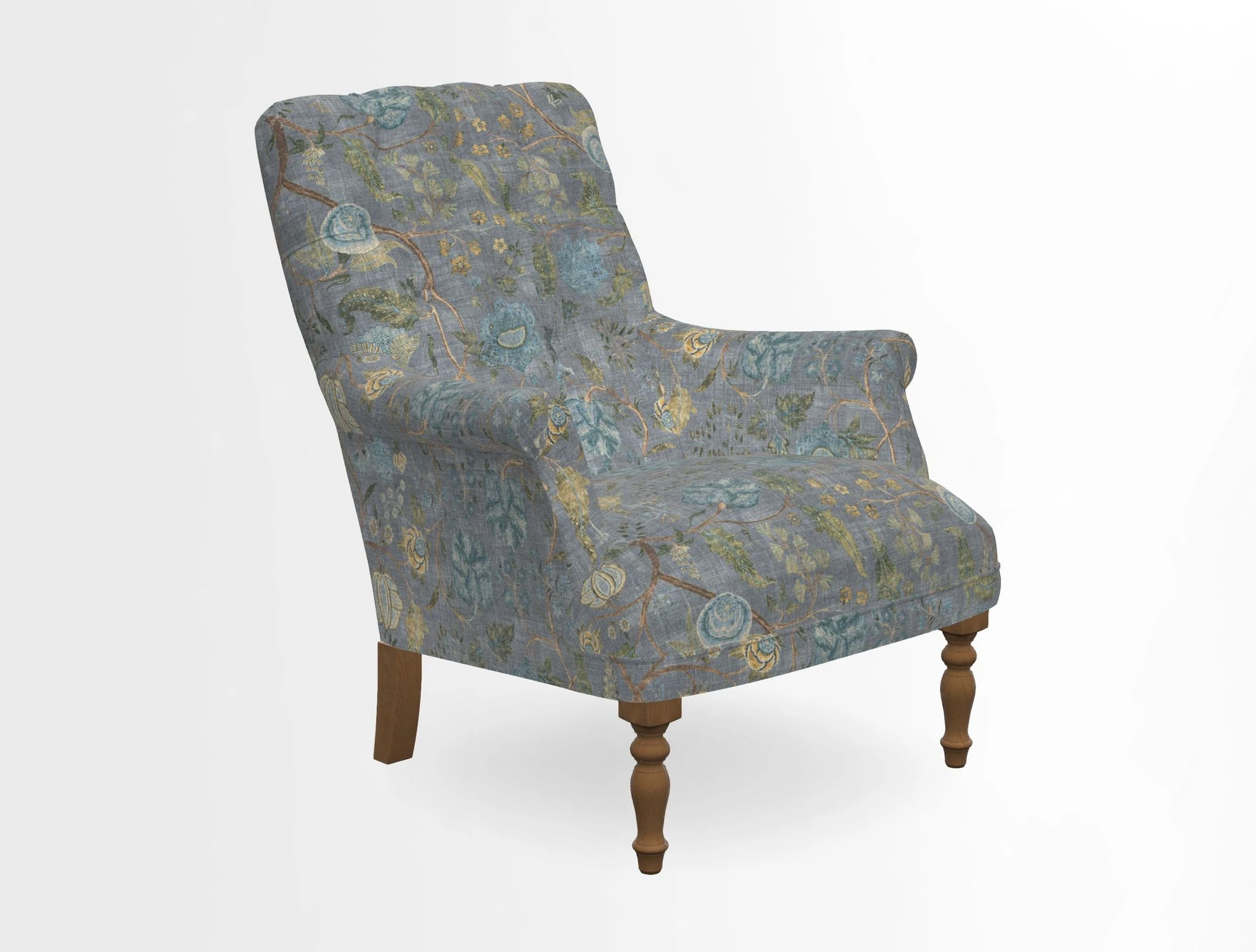 Snape Button Back chair in Spill Resistant V&A Bird & Rabbit Dark Green and Cube footstool in Spill Resistant RHS Etta's Stripe Ink
