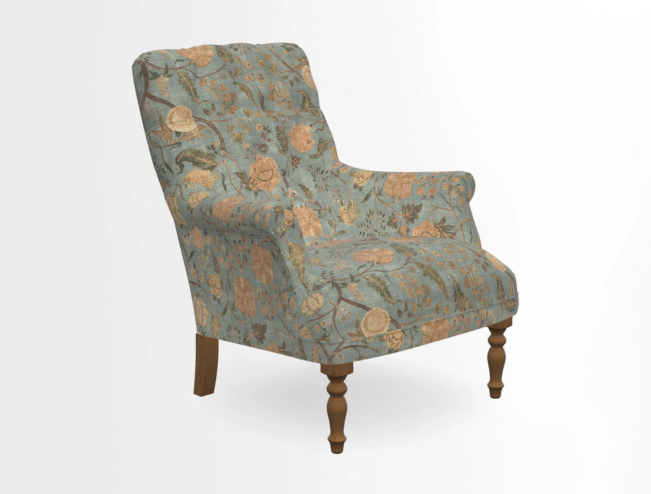 Snape Button Back chair in Spill Resistant V&A Bird & Rabbit Dark Green and Cube footstool in Spill Resistant RHS Etta's Stripe Ink