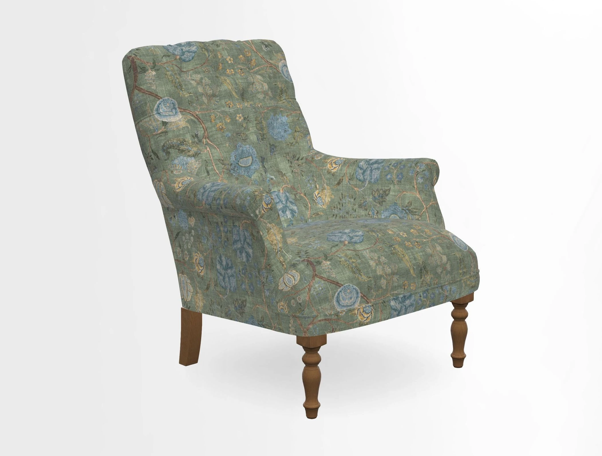 Snape Button Back chair in Spill Resistant V&A Bird & Rabbit Dark Green and Cube footstool in Spill Resistant RHS Etta's Stripe Ink