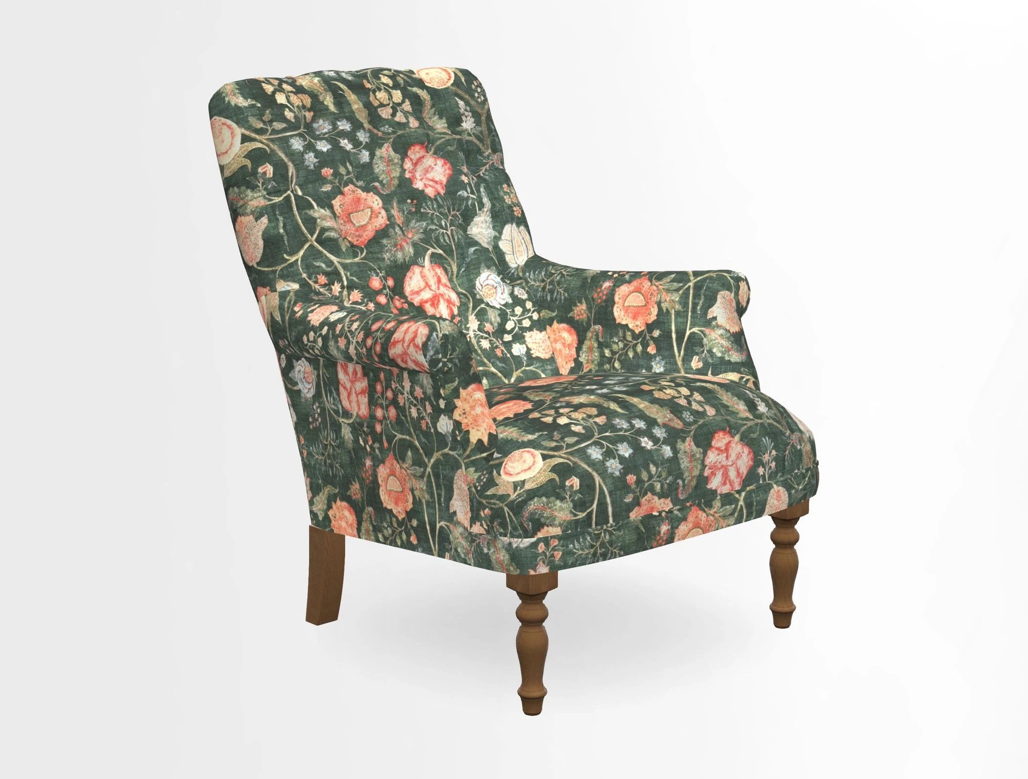 Snape Button Back chair in Spill Resistant V&A Bird & Rabbit Dark Green and Cube footstool in Spill Resistant RHS Etta's Stripe Ink
