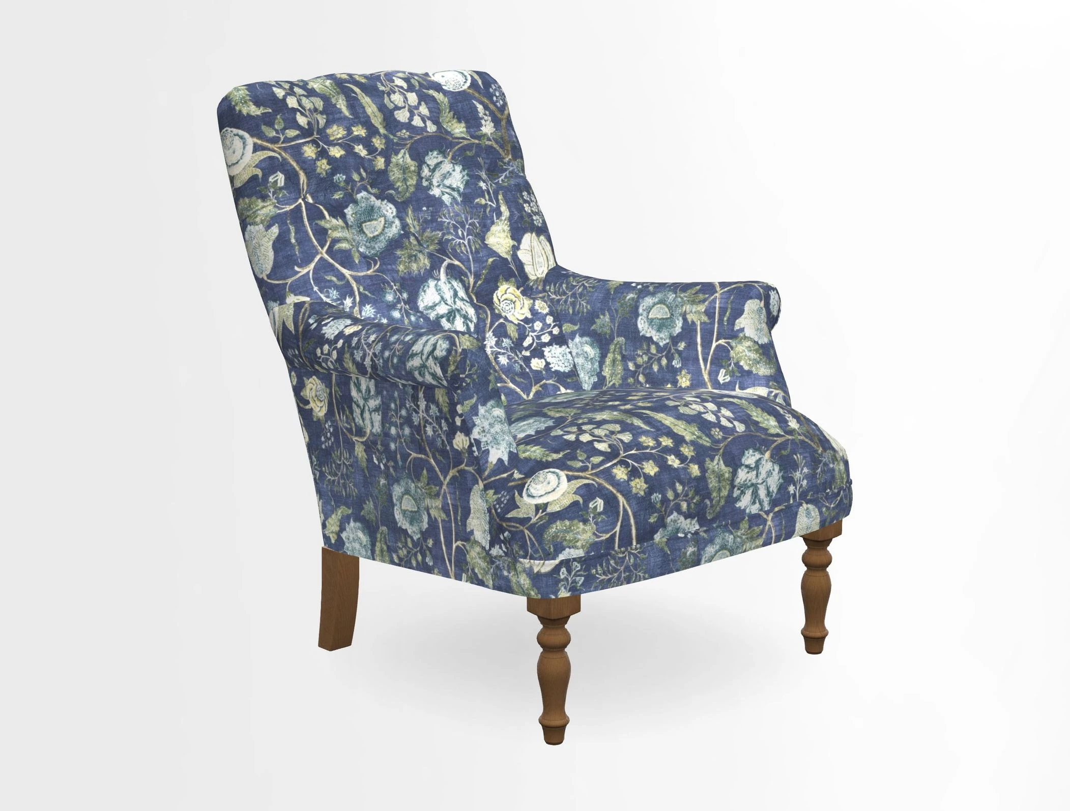 Snape Button Back chair in Spill Resistant V&A Bird & Rabbit Dark Green and Cube footstool in Spill Resistant RHS Etta's Stripe Ink