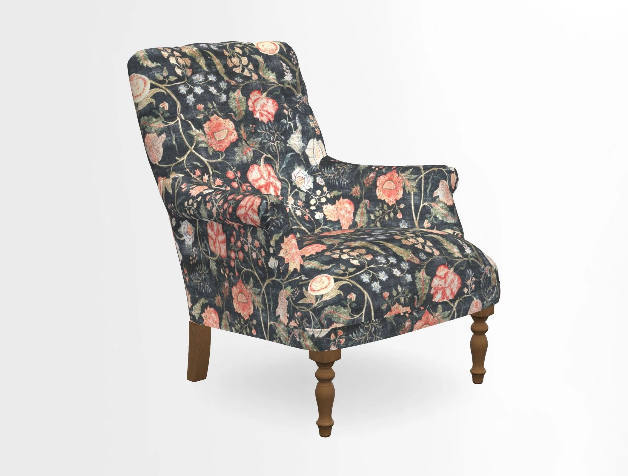 Snape Button Back chair in Spill Resistant V&A Bird & Rabbit Dark Green and Cube footstool in Spill Resistant RHS Etta's Stripe Ink