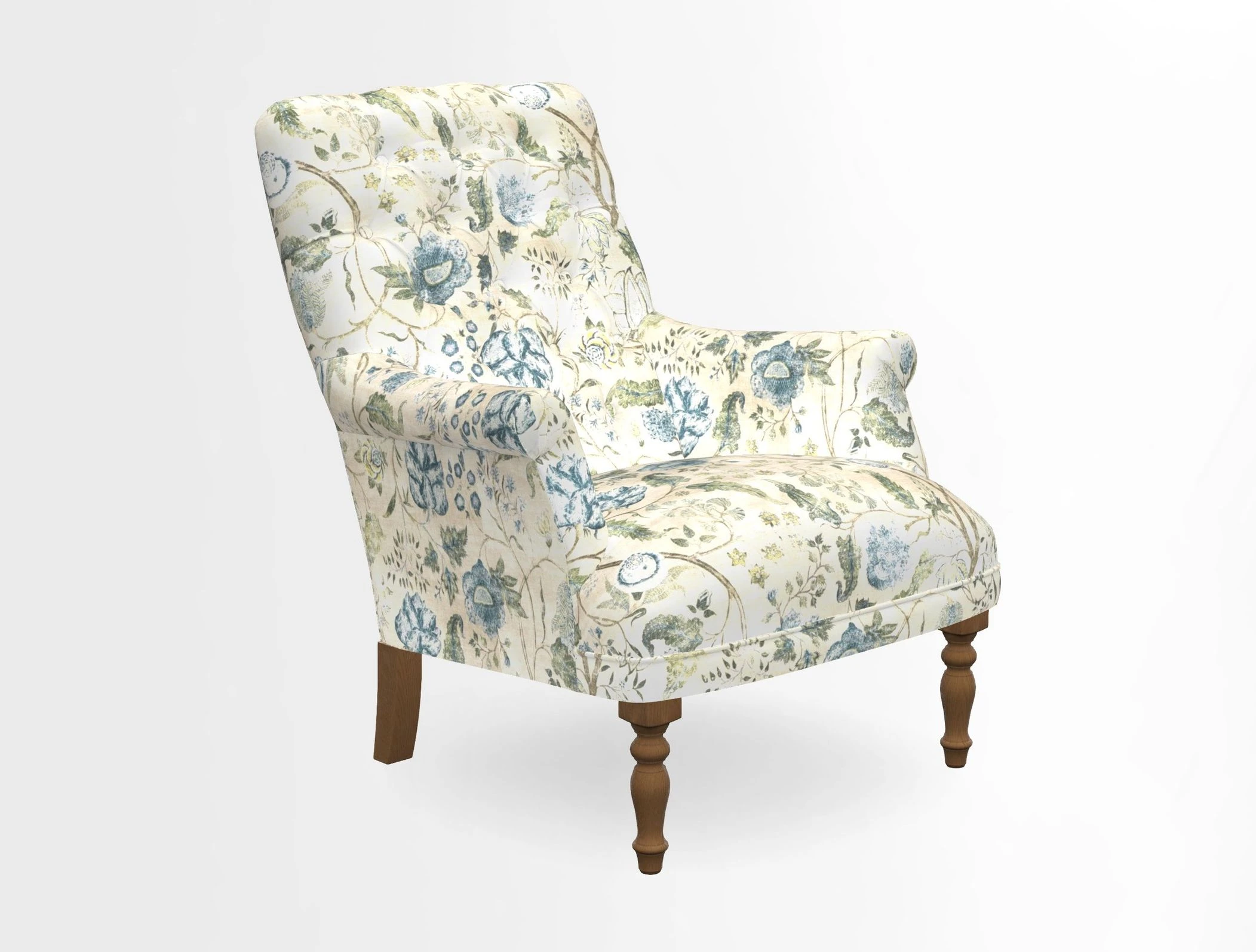 Snape Button Back chair in Spill Resistant V&A Bird & Rabbit Dark Green and Cube footstool in Spill Resistant RHS Etta's Stripe Ink