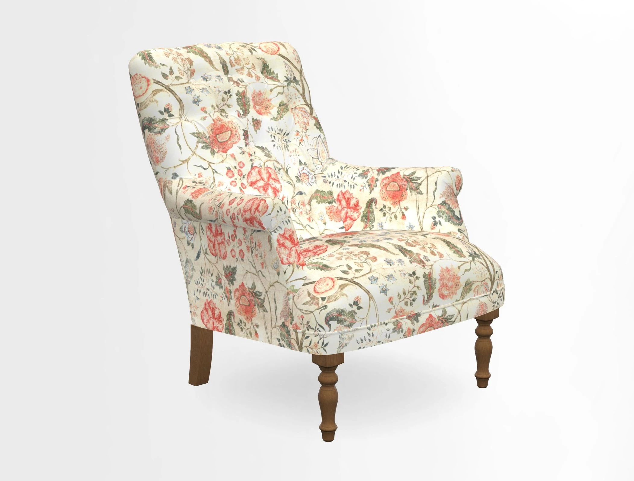 Snape Button Back chair in Spill Resistant V&A Bird & Rabbit Dark Green and Cube footstool in Spill Resistant RHS Etta's Stripe Ink