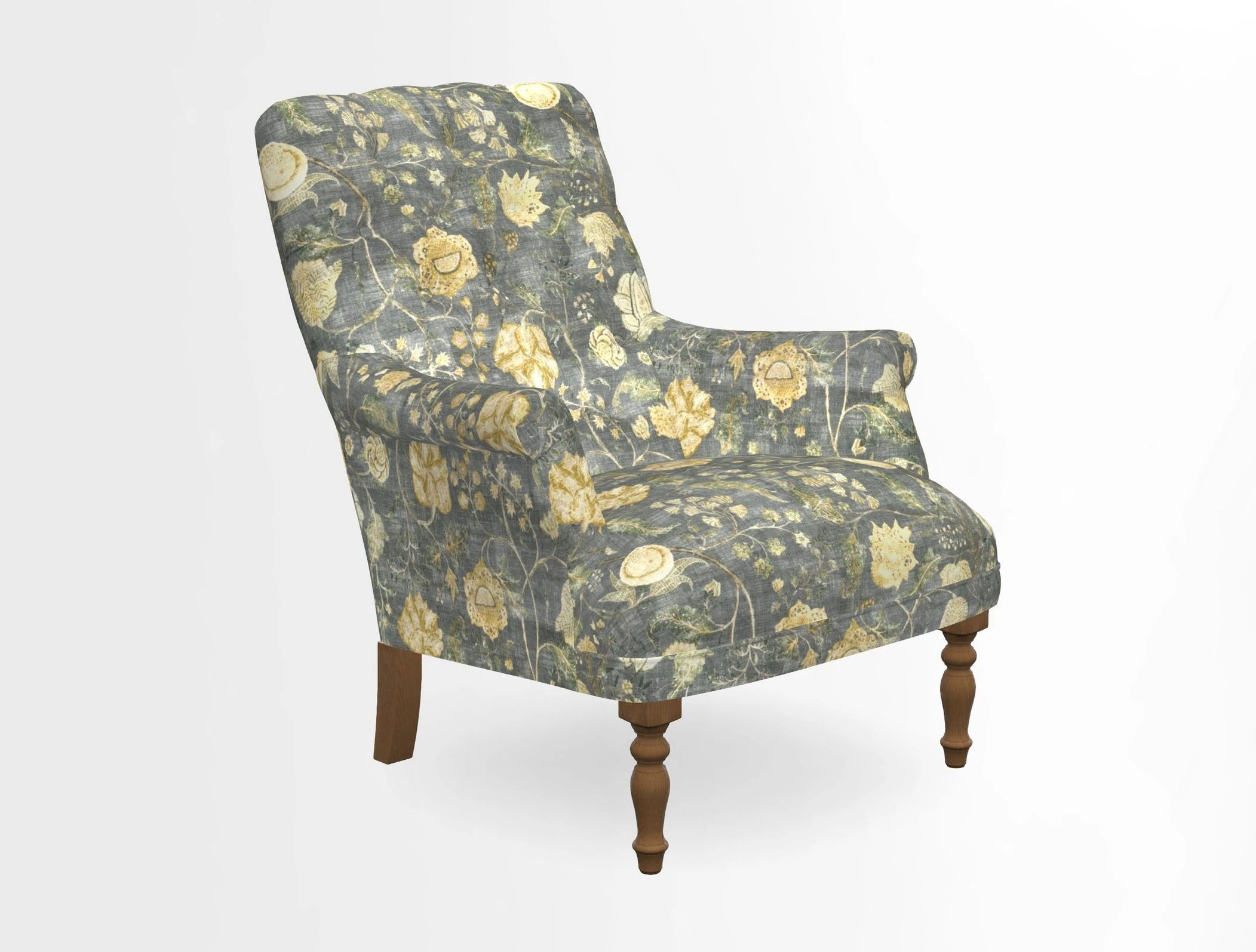 Snape Button Back chair in Spill Resistant V&A Bird & Rabbit Dark Green and Cube footstool in Spill Resistant RHS Etta's Stripe Ink