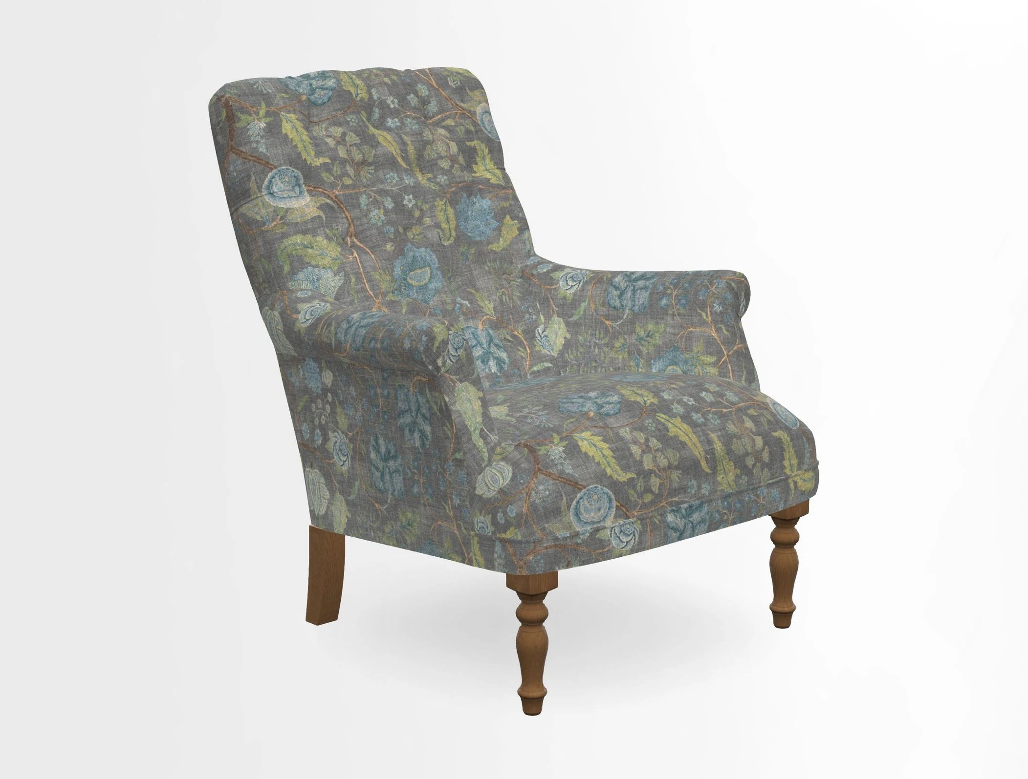 Snape Button Back chair in Spill Resistant V&A Bird & Rabbit Dark Green and Cube footstool in Spill Resistant RHS Etta's Stripe Ink
