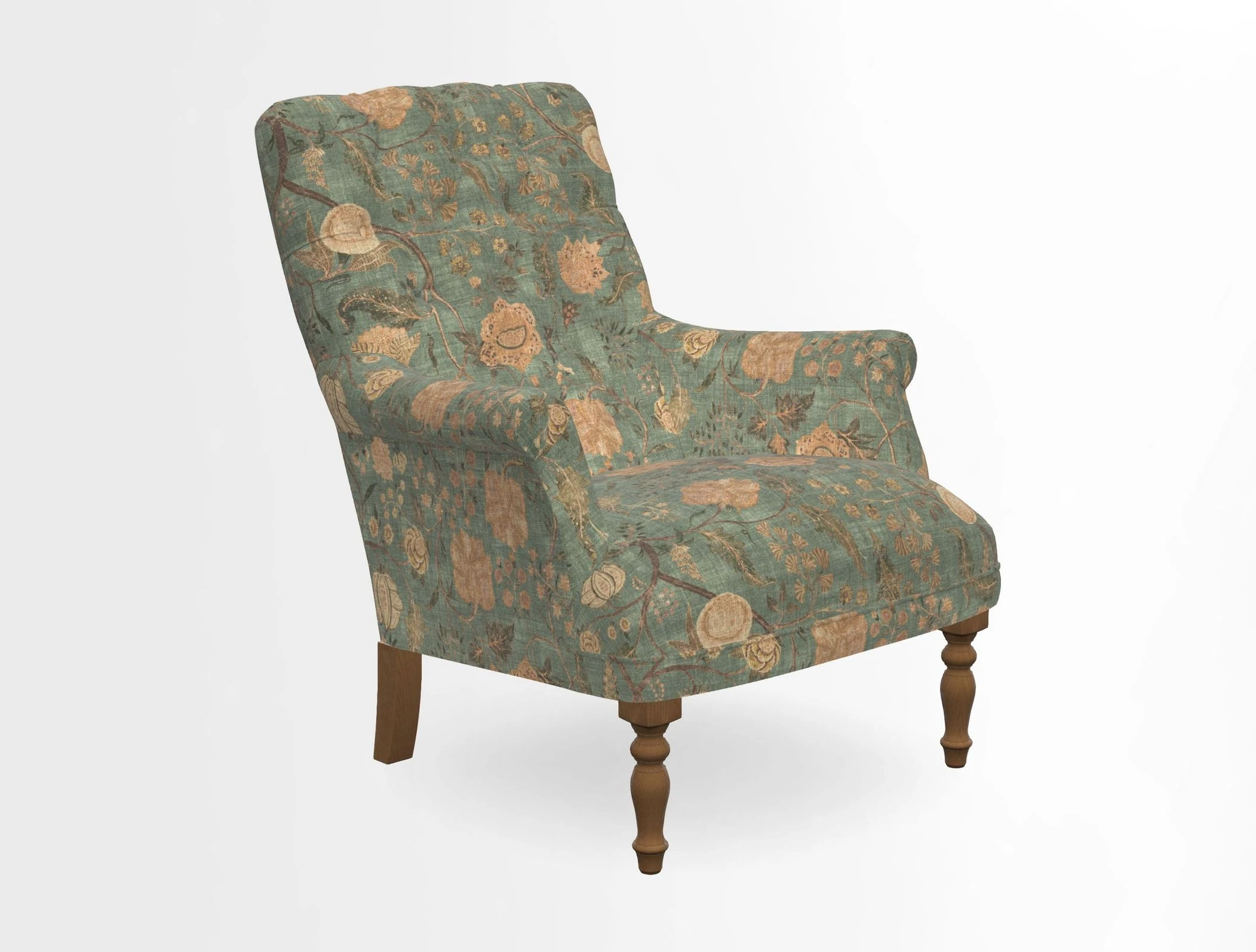 Snape Button Back chair in Spill Resistant V&A Bird & Rabbit Dark Green and Cube footstool in Spill Resistant RHS Etta's Stripe Ink