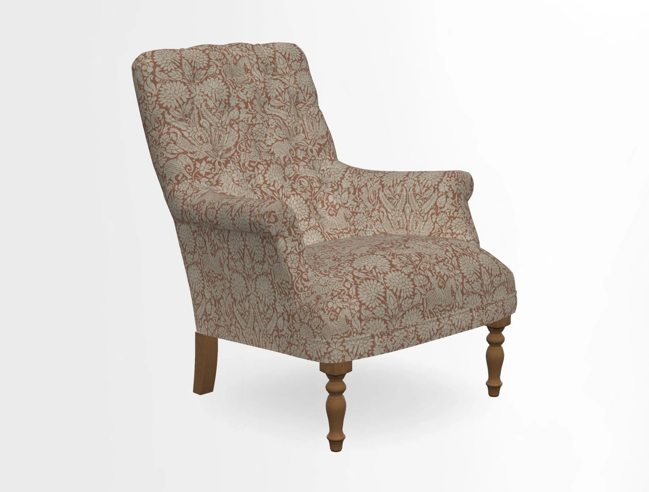 Snape Button Back chair in Spill Resistant V&A Bird & Rabbit Dark Green and Cube footstool in Spill Resistant RHS Etta's Stripe Ink