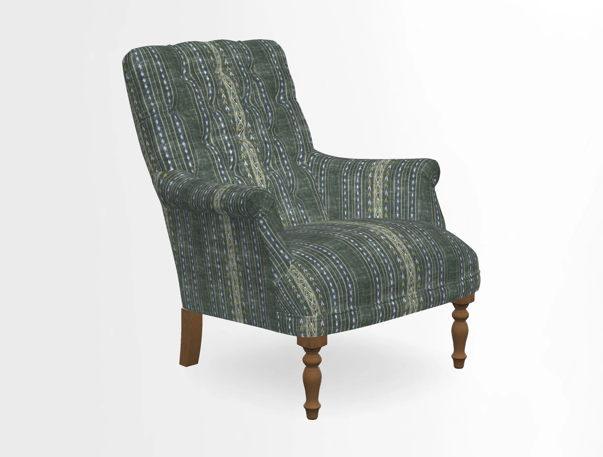 Snape Button Back chair in Spill Resistant V&A Bird & Rabbit Dark Green and Cube footstool in Spill Resistant RHS Etta's Stripe Ink