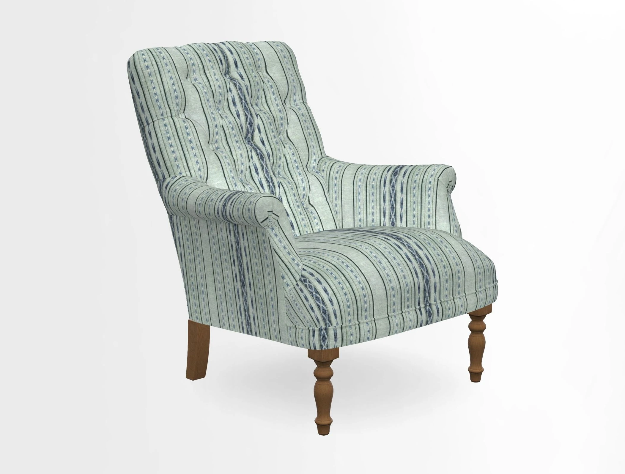 Snape Button Back chair in Spill Resistant V&A Bird & Rabbit Dark Green and Cube footstool in Spill Resistant RHS Etta's Stripe Ink