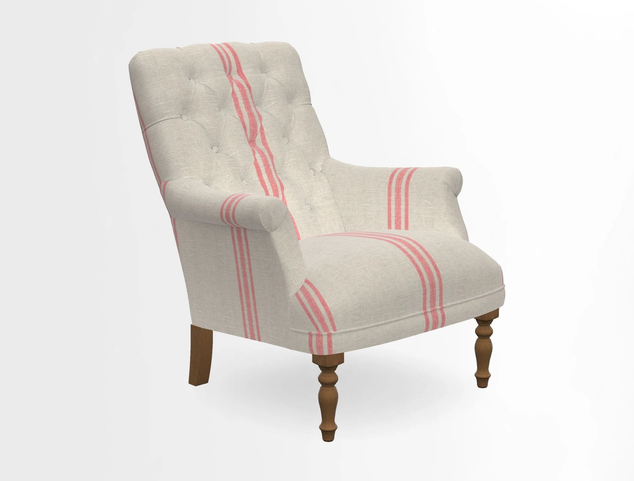 Snape Button Back chair in Spill Resistant V&A Bird & Rabbit Dark Green and Cube footstool in Spill Resistant RHS Etta's Stripe Ink