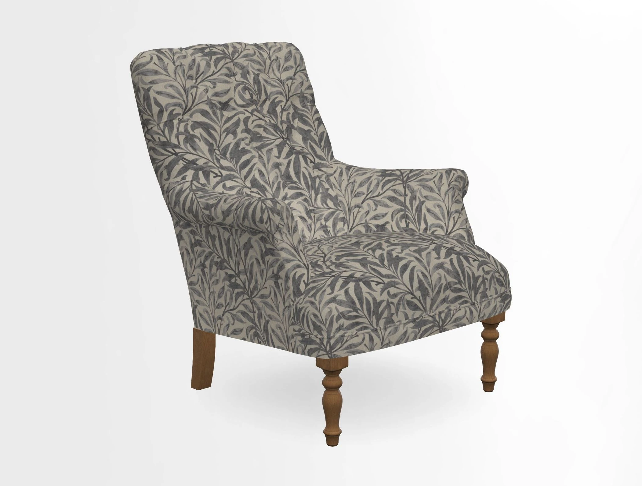 Snape Button Back chair in Spill Resistant V&A Bird & Rabbit Dark Green and Cube footstool in Spill Resistant RHS Etta's Stripe Ink