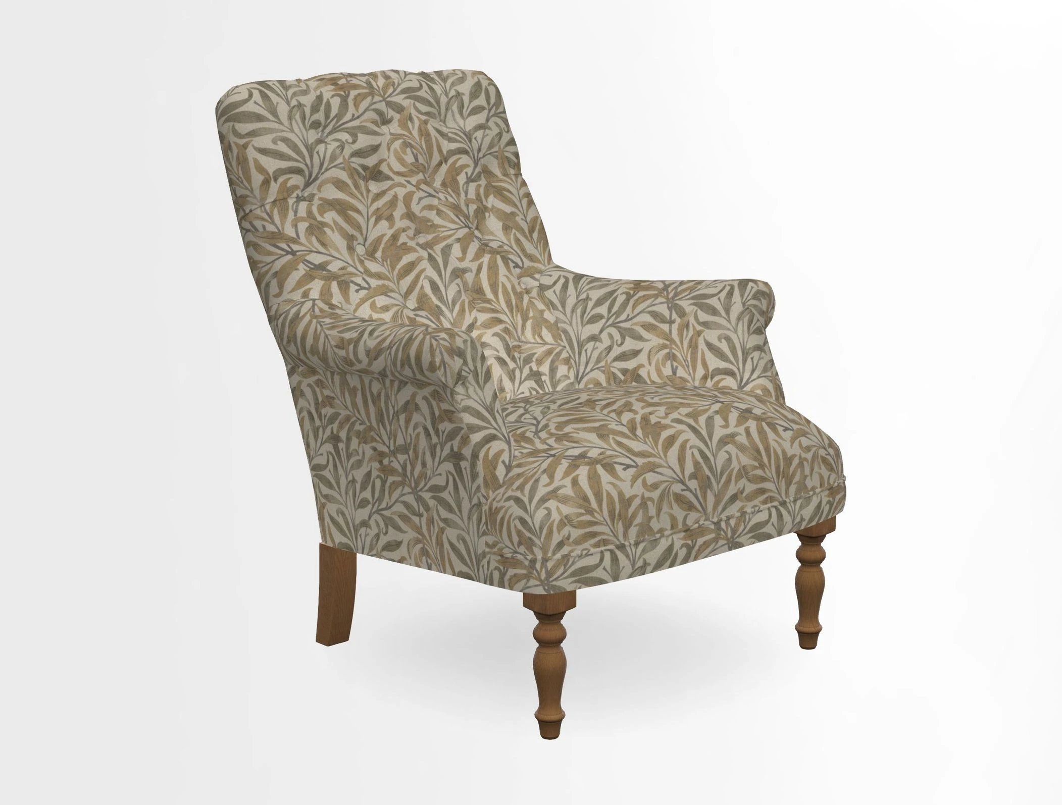 Snape Button Back chair in Spill Resistant V&A Bird & Rabbit Dark Green and Cube footstool in Spill Resistant RHS Etta's Stripe Ink