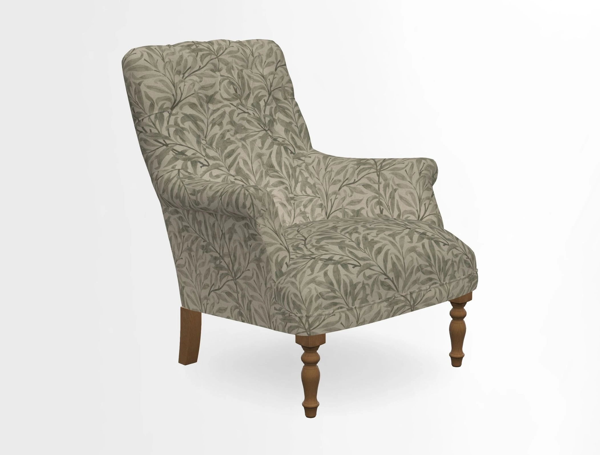 Snape Button Back chair in Spill Resistant V&A Bird & Rabbit Dark Green and Cube footstool in Spill Resistant RHS Etta's Stripe Ink