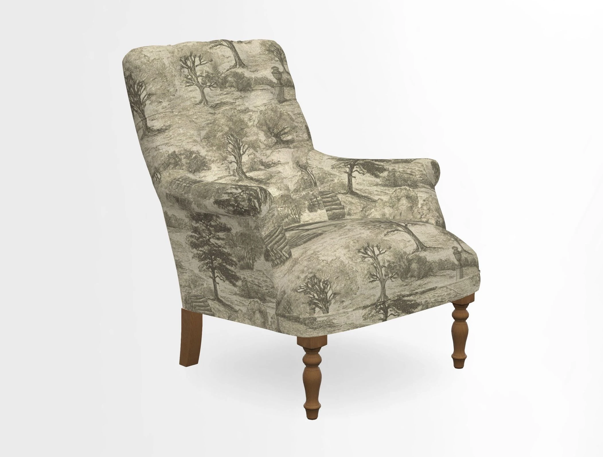Snape Button Back chair in Spill Resistant V&A Bird & Rabbit Dark Green and Cube footstool in Spill Resistant RHS Etta's Stripe Ink