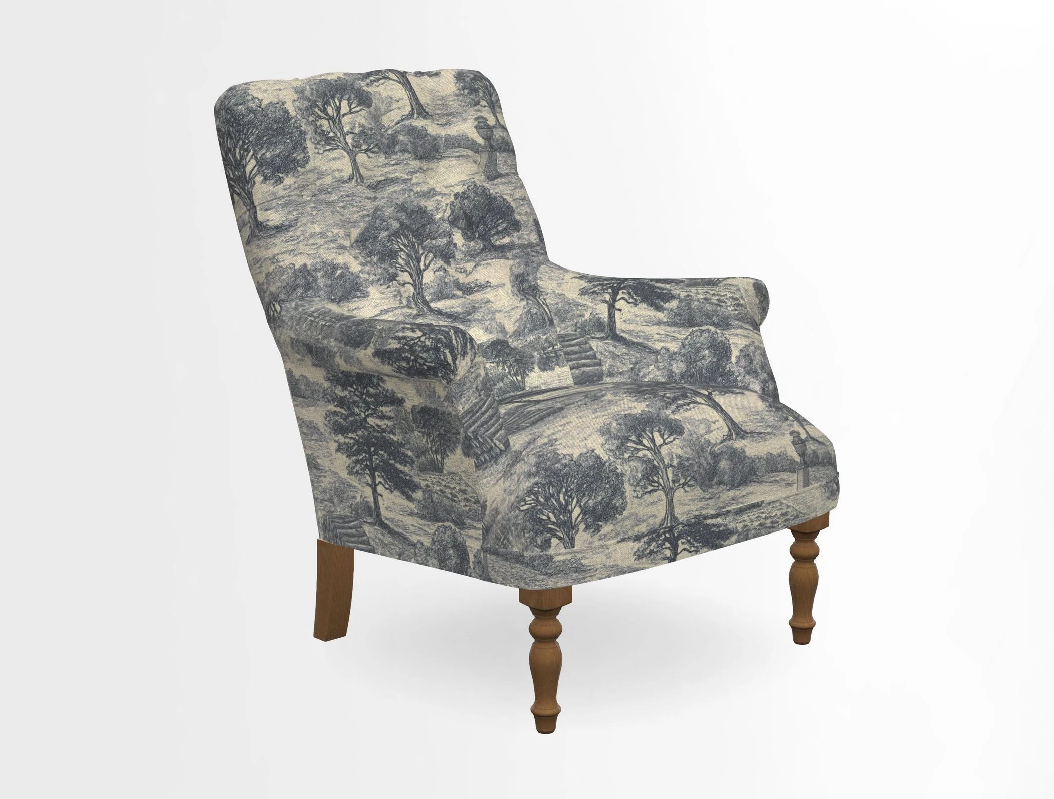 Snape Button Back chair in Spill Resistant V&A Bird & Rabbit Dark Green and Cube footstool in Spill Resistant RHS Etta's Stripe Ink