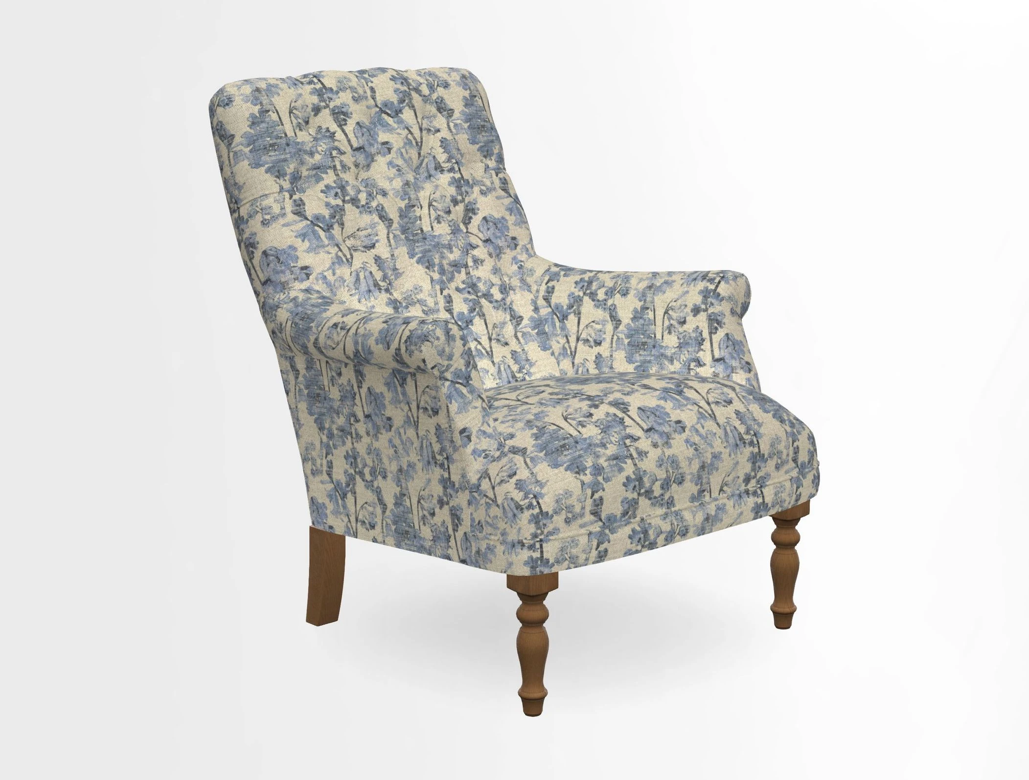 Snape Button Back chair in Spill Resistant V&A Bird & Rabbit Dark Green and Cube footstool in Spill Resistant RHS Etta's Stripe Ink