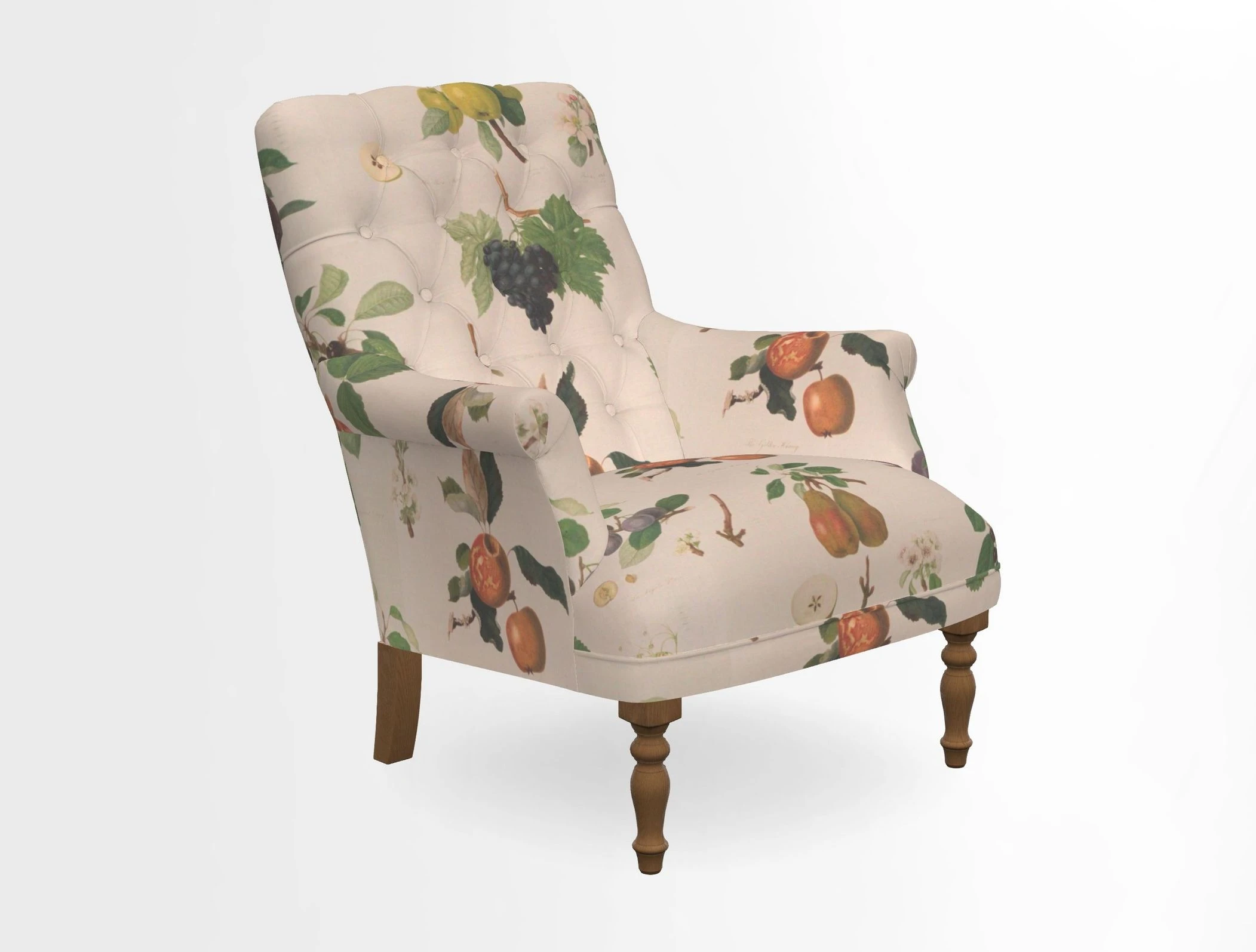 Snape Button Back chair in Spill Resistant V&A Bird & Rabbit Dark Green and Cube footstool in Spill Resistant RHS Etta's Stripe Ink