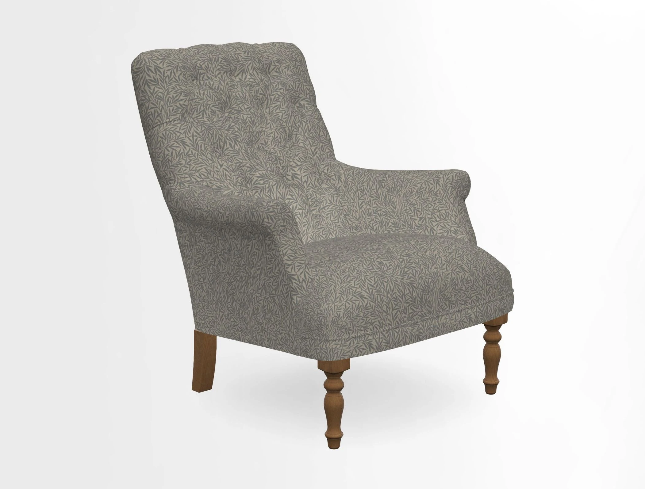 Snape Button Back chair in Spill Resistant V&A Bird & Rabbit Dark Green and Cube footstool in Spill Resistant RHS Etta's Stripe Ink