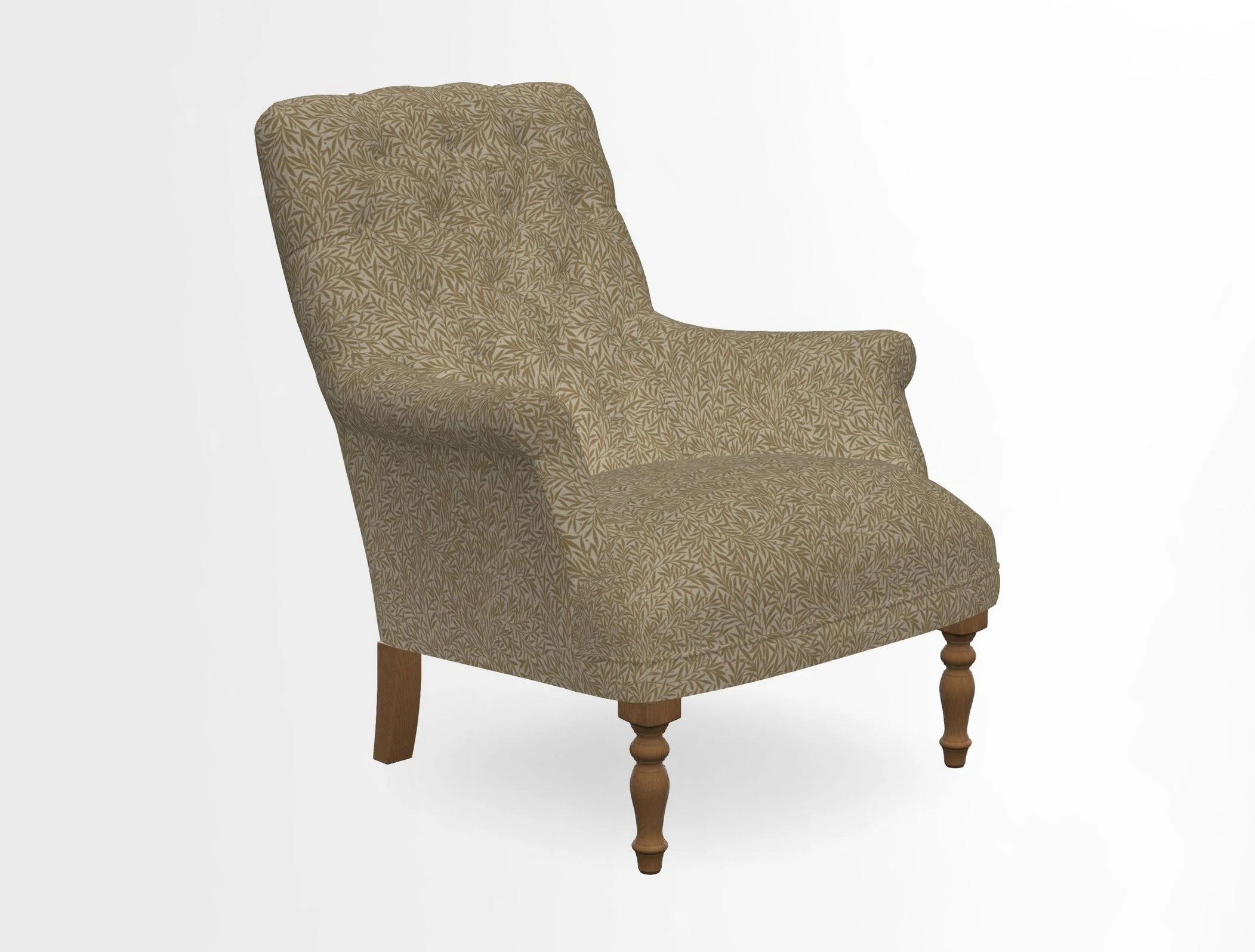 Snape Button Back chair in Spill Resistant V&A Bird & Rabbit Dark Green and Cube footstool in Spill Resistant RHS Etta's Stripe Ink