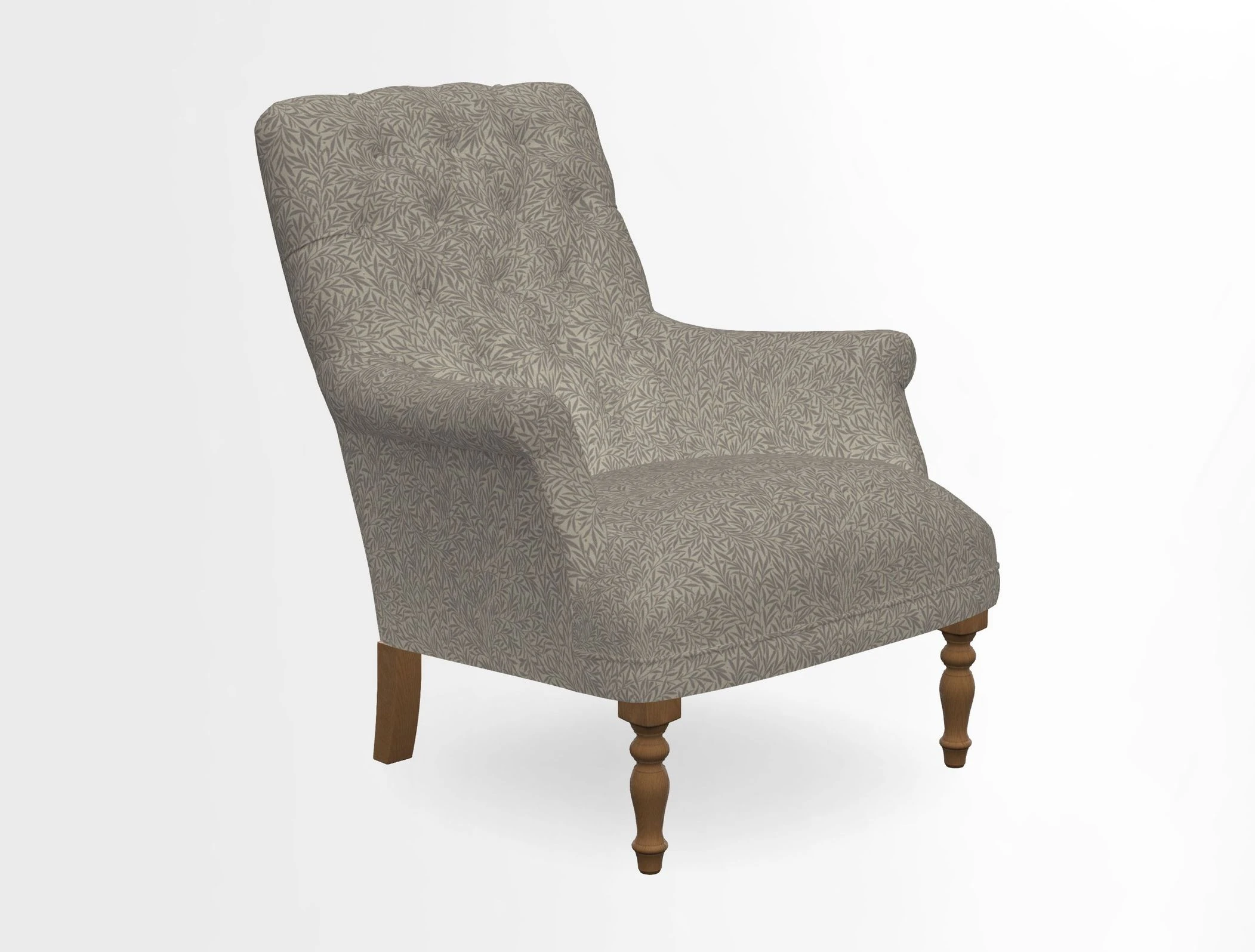 Snape Button Back chair in Spill Resistant V&A Bird & Rabbit Dark Green and Cube footstool in Spill Resistant RHS Etta's Stripe Ink