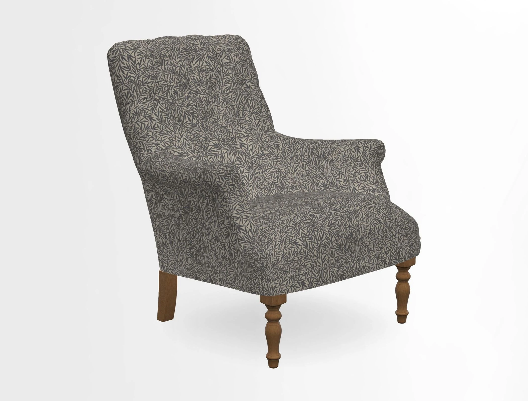 Snape Button Back chair in Spill Resistant V&A Bird & Rabbit Dark Green and Cube footstool in Spill Resistant RHS Etta's Stripe Ink
