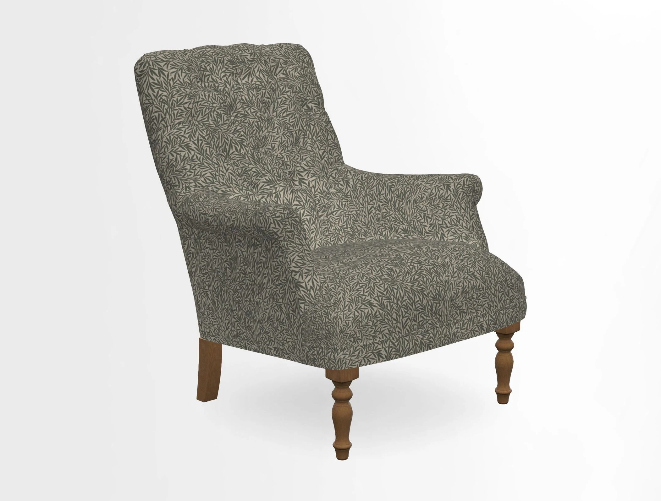 Snape Button Back chair in Spill Resistant V&A Bird & Rabbit Dark Green and Cube footstool in Spill Resistant RHS Etta's Stripe Ink