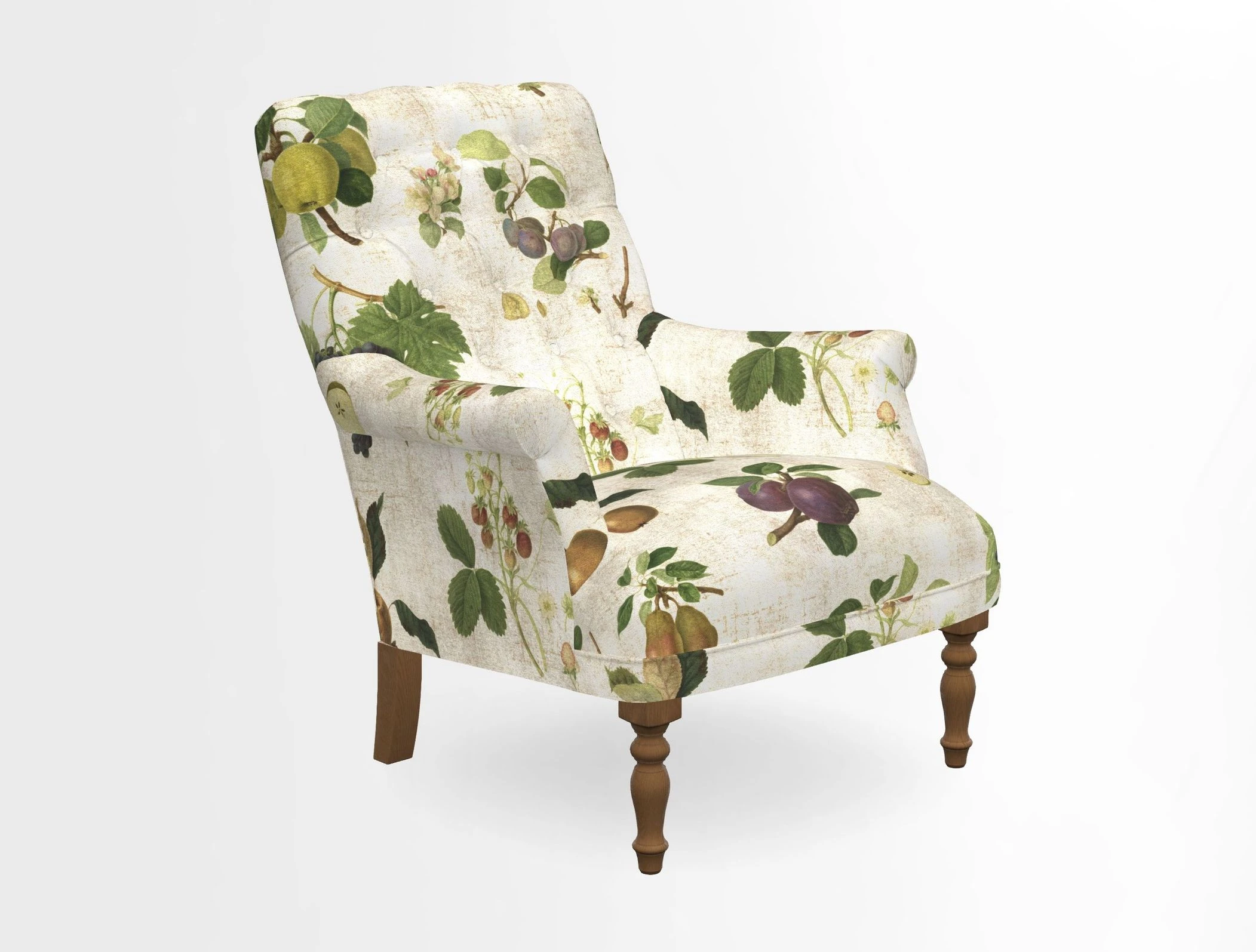 Snape Button Back chair in Spill Resistant V&A Bird & Rabbit Dark Green and Cube footstool in Spill Resistant RHS Etta's Stripe Ink