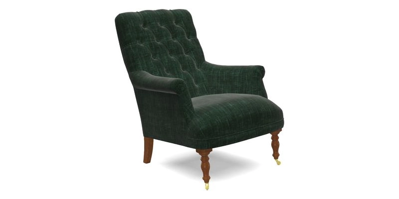 Snape Button Back chair in Spill Resistant V&A Bird & Rabbit Dark Green and Cube footstool in Spill Resistant RHS Etta's Stripe Ink