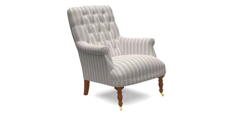 Snape Button Back chair in Spill Resistant V&A Bird & Rabbit Dark Green and Cube footstool in Spill Resistant RHS Etta's Stripe Ink