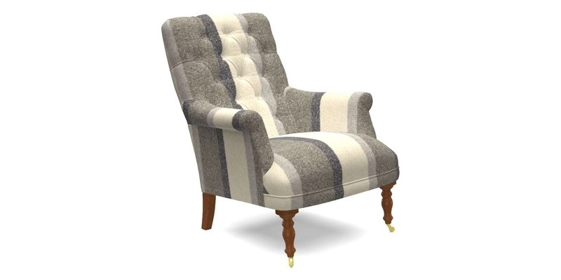 Snape Button Back chair in Spill Resistant V&A Bird & Rabbit Dark Green and Cube footstool in Spill Resistant RHS Etta's Stripe Ink