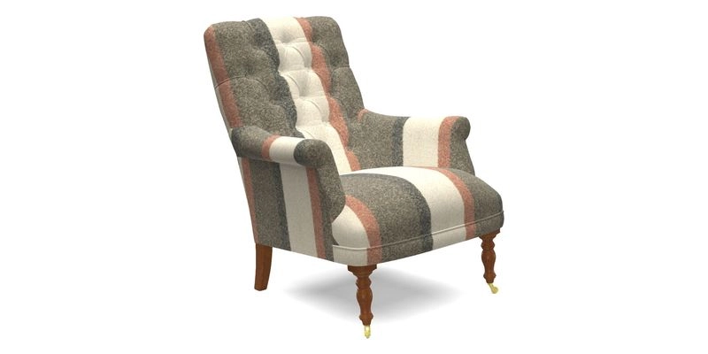 Snape Button Back chair in Spill Resistant V&A Bird & Rabbit Dark Green and Cube footstool in Spill Resistant RHS Etta's Stripe Ink