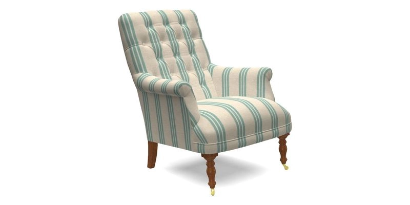 Snape Button Back chair in Spill Resistant V&A Bird & Rabbit Dark Green and Cube footstool in Spill Resistant RHS Etta's Stripe Ink