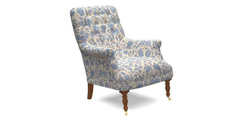 Snape Button Back chair in Spill Resistant V&A Bird & Rabbit Dark Green and Cube footstool in Spill Resistant RHS Etta's Stripe Ink