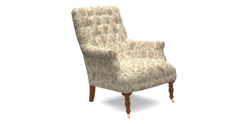 Snape Button Back chair in Spill Resistant V&A Bird & Rabbit Dark Green and Cube footstool in Spill Resistant RHS Etta's Stripe Ink