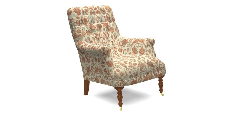 Snape Button Back chair in Spill Resistant V&A Bird & Rabbit Dark Green and Cube footstool in Spill Resistant RHS Etta's Stripe Ink