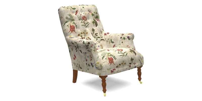 Snape Button Back chair in Spill Resistant V&A Bird & Rabbit Dark Green and Cube footstool in Spill Resistant RHS Etta's Stripe Ink