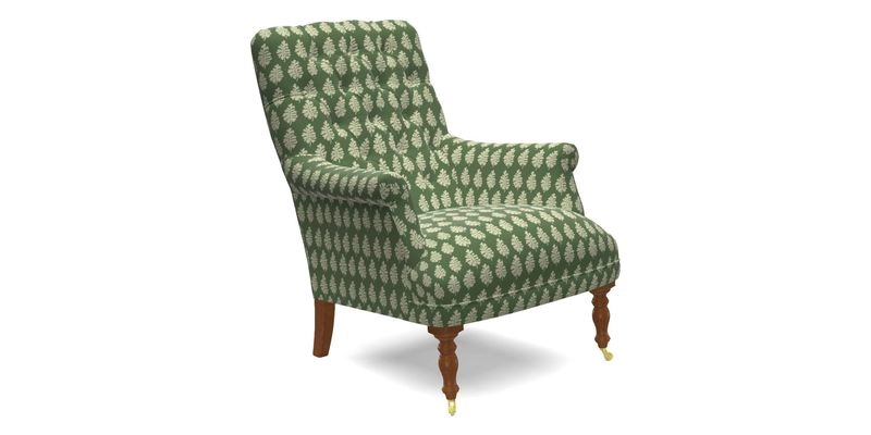 Snape Button Back chair in Spill Resistant V&A Bird & Rabbit Dark Green and Cube footstool in Spill Resistant RHS Etta's Stripe Ink