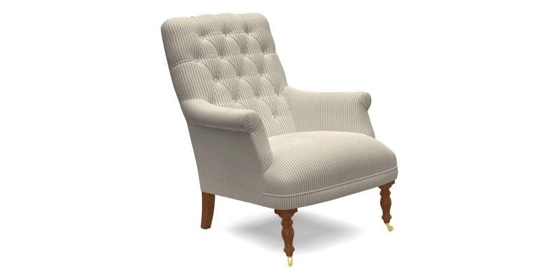 Snape Button Back chair in Spill Resistant V&A Bird & Rabbit Dark Green and Cube footstool in Spill Resistant RHS Etta's Stripe Ink