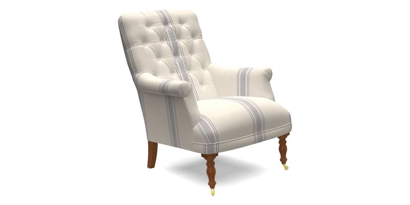 Snape Button Back chair in Spill Resistant V&A Bird & Rabbit Dark Green and Cube footstool in Spill Resistant RHS Etta's Stripe Ink