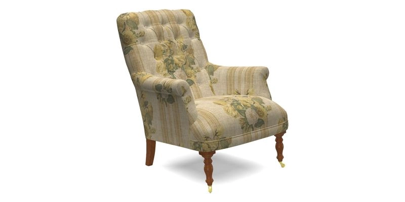 Snape Button Back chair in Spill Resistant V&A Bird & Rabbit Dark Green and Cube footstool in Spill Resistant RHS Etta's Stripe Ink