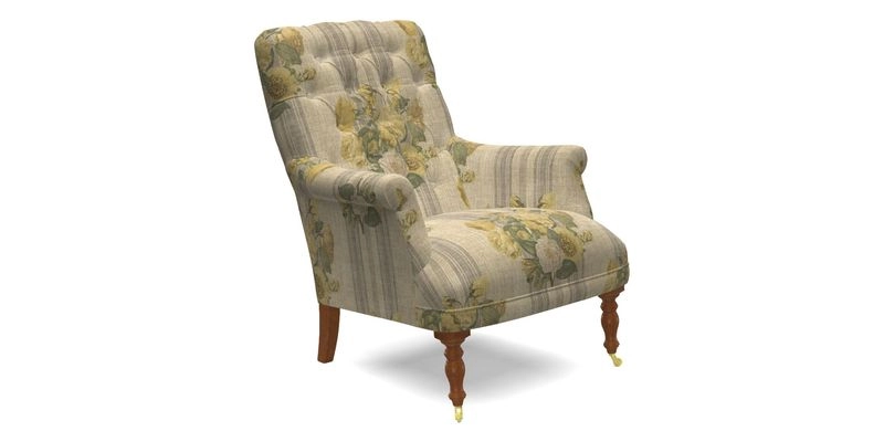 Snape Button Back chair in Spill Resistant V&A Bird & Rabbit Dark Green and Cube footstool in Spill Resistant RHS Etta's Stripe Ink