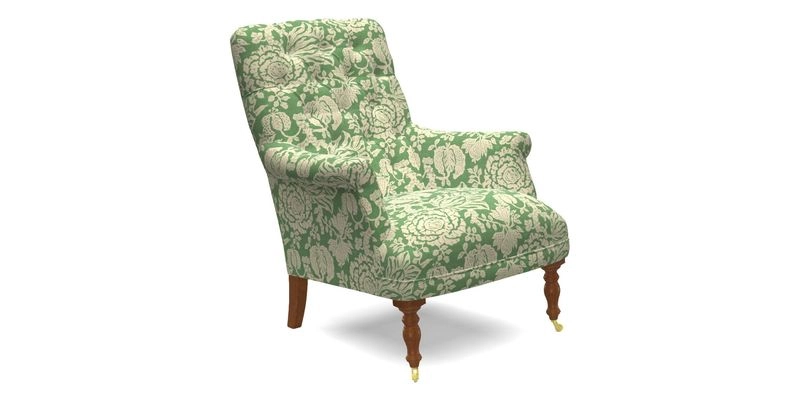 Snape Button Back chair in Spill Resistant V&A Bird & Rabbit Dark Green and Cube footstool in Spill Resistant RHS Etta's Stripe Ink